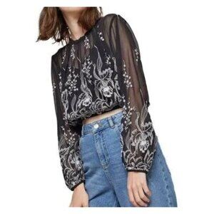 Miss Selfridges Sheer Black Embroidered Floral Cropped Blouse Party Going Out